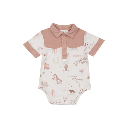 A short-sleeved pink bodysuit for babies with a cowgirl print and illustrations such as horses and western elements.