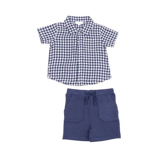 Navy Gingham Button Down Muslin Polo with French Terry Short