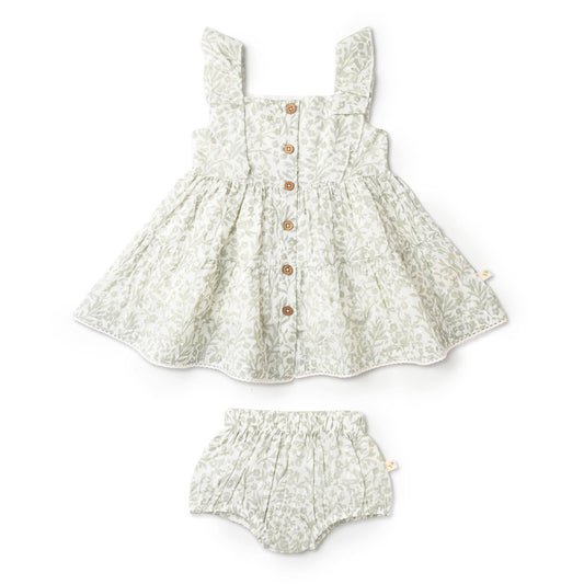 Organic Flutter Buttoned Tiered Dress - Sage Floral