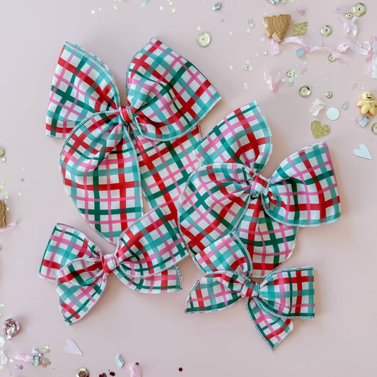 Pink and Mint Plaid hair bow