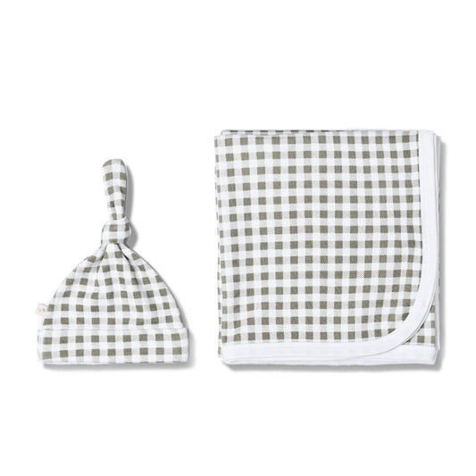 Organic Swaddle Blanket & Hat Set - Olive Gingham