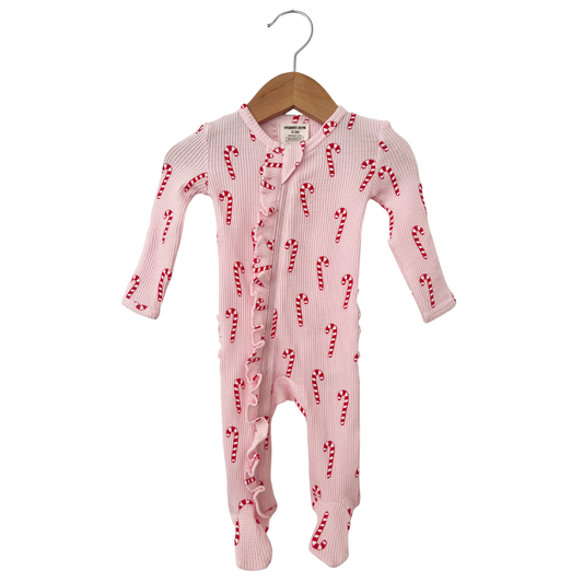 Organic Waffle Ruffle Zip Footie, Pink Candy Cane