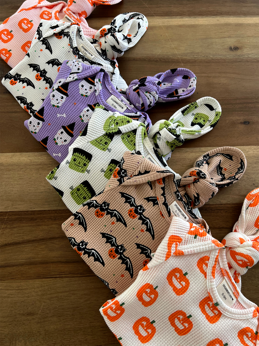 Organic Waffle Knotted Gown, Blush Jack-O-Lantern