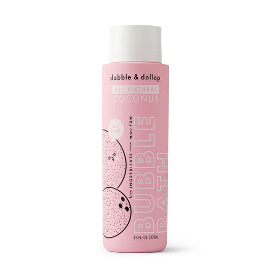 Front of the Dabble & Dollop Coconut bubble bath bottle in pink