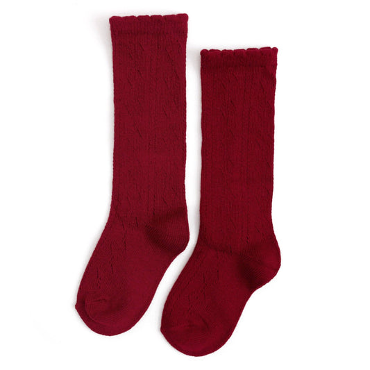 Scalloped Fancy Knee High Socks - Crimson Red