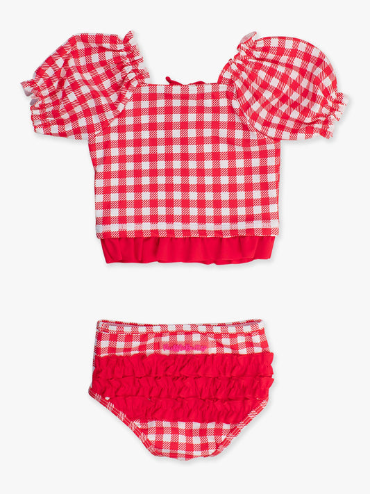 Girls Vintage Red Gingham Puff Sleeve Ruffle Tankini 2-Piece