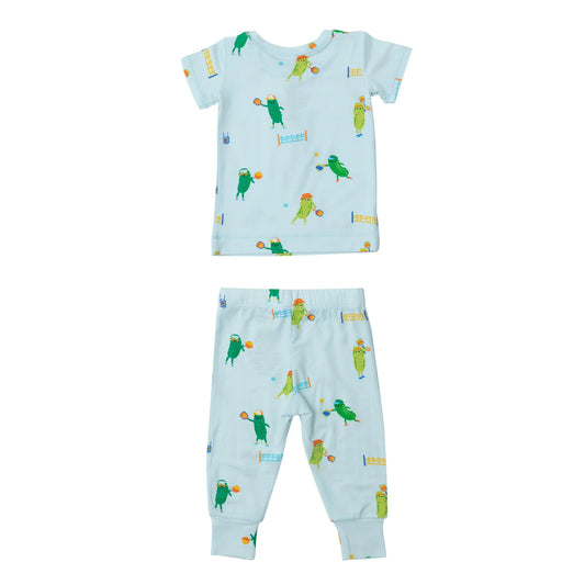 Pickleball two piece bamboo loungewear set. Blue short sleeve shirt and pants set with green pickles playing pickleball.