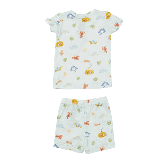 Short two piece loungewear set. Our inky ocean bamboo set features sea life including turtles, lobsters, shrimp, submarines, seaweed, sharks and more!