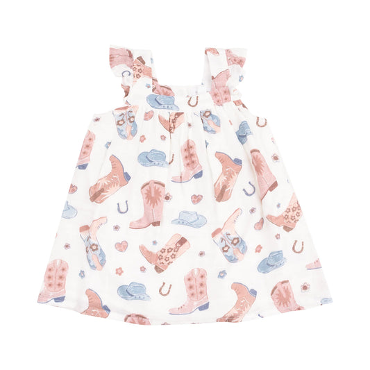 Front image of organic cotton muslin Cowboy Boots Pink Sundress