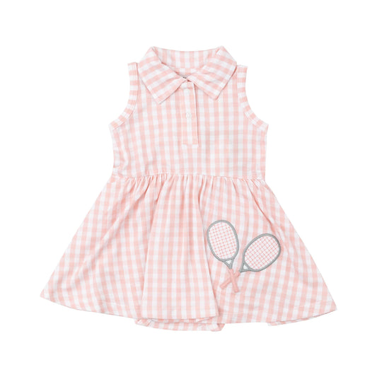 Tennis Tank Bodysuit Dress - Pink Mini Gingham with Tennis racquet applique.