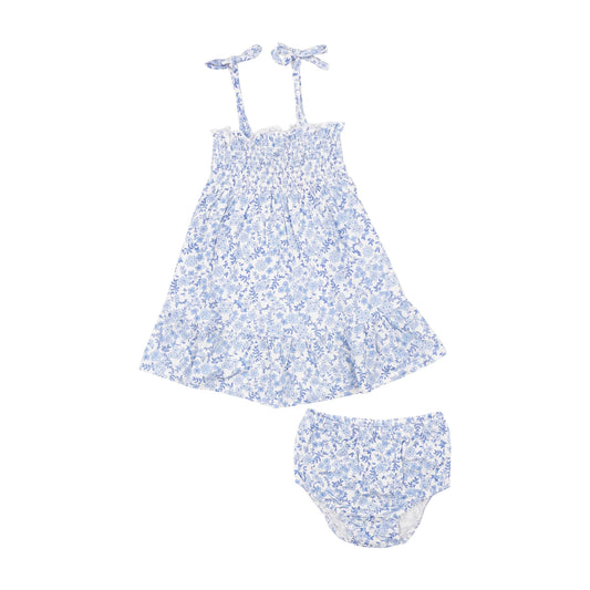 Tie Strap Smocked Sun Dress - Blue Calico Floral