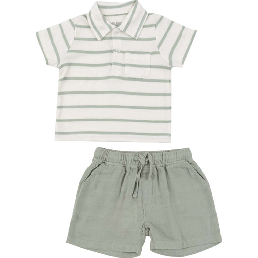 French Stripe Polo Shirt + Muslin Short Set - Desert Sage