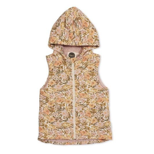 florence hooded vest laying flat. You can see that the zip up vest is lined with a pink faux sherpa. soft floral pattern throughout with pale orange, pink and green flowers.