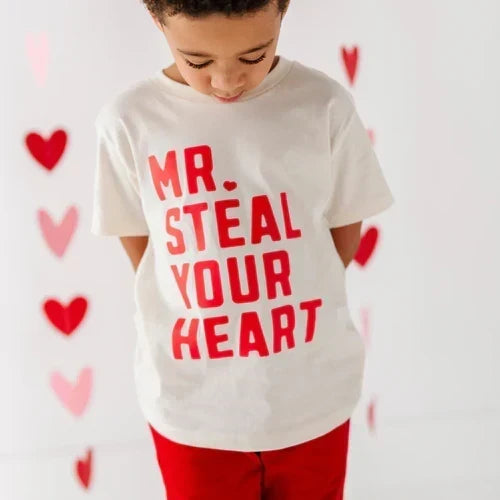 boy wearing a Mr. Steal Your Heart Valentines Shirt