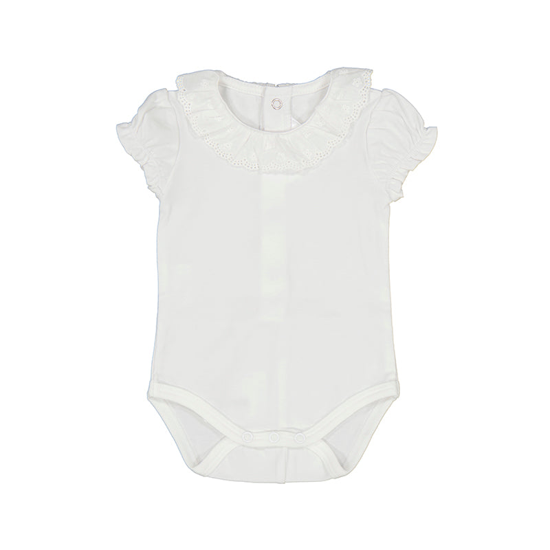 Newborn girl's white ruffled collar bodysuit.