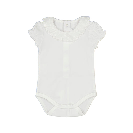 Newborn girl's white ruffled collar bodysuit.