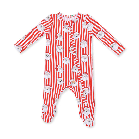 Angel Dear Vintage Santa Stripe 2-way zipper footie with red and white stripes and Santa faces