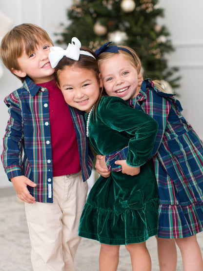 Girls Winter Nights Plaid Ruffle Bow Dress