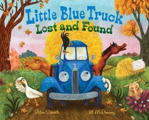 Front cover of Little Blue Truck Lost and Found with Little Blue Truck and animal friends at sunset