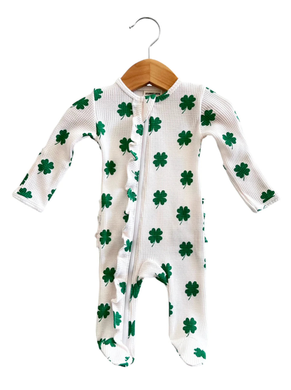 Organic Waffle 2-Way Zip Ruffle Footie, Clover