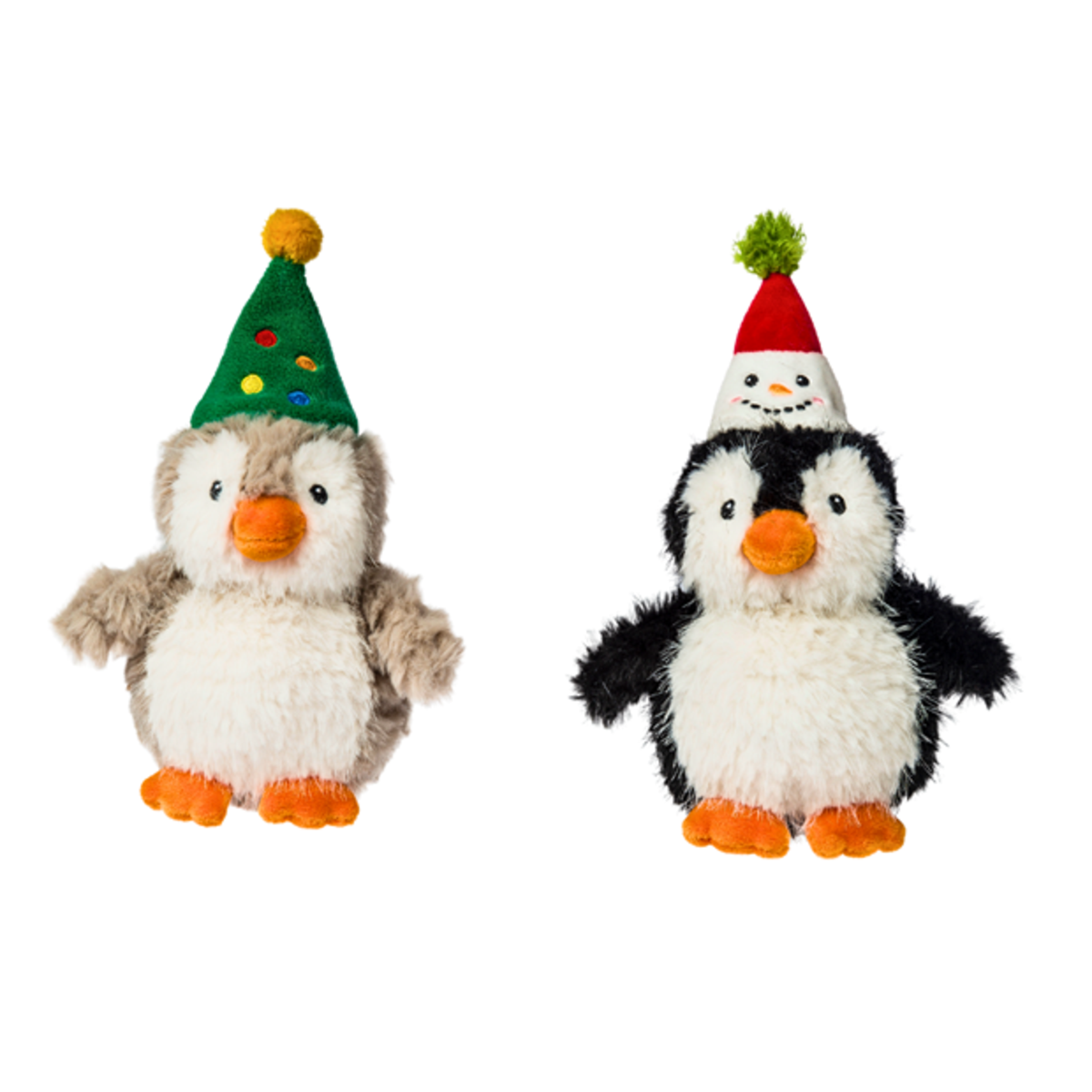 Two plush penguin toys wearing Christmas hats, shown side by side on a plain white background. One penguin has a green Christmas tree hat with a yellow pom-pom, and the other has a red Santa hat with a white brim and a smiling face.