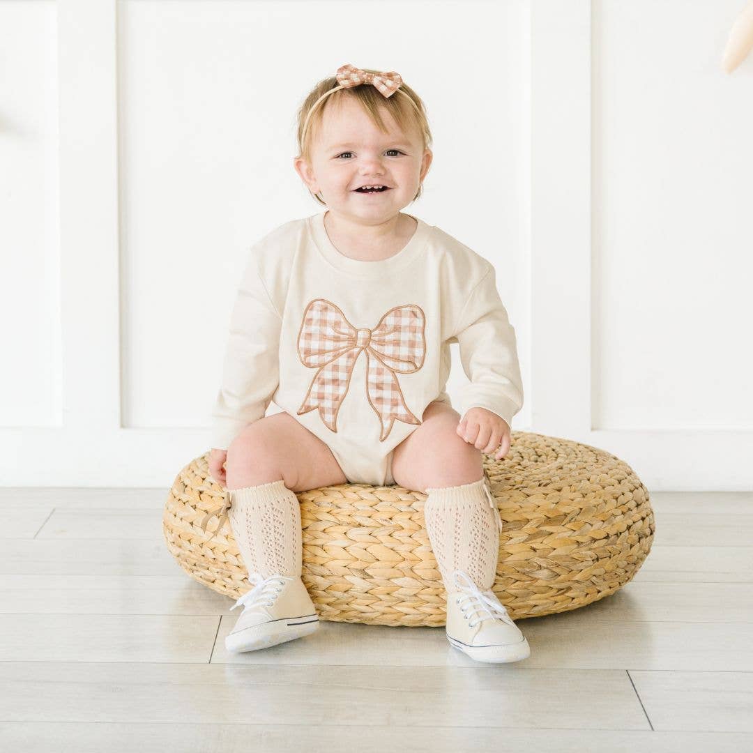 Gingham Bow Patch Long Sleeve Romper