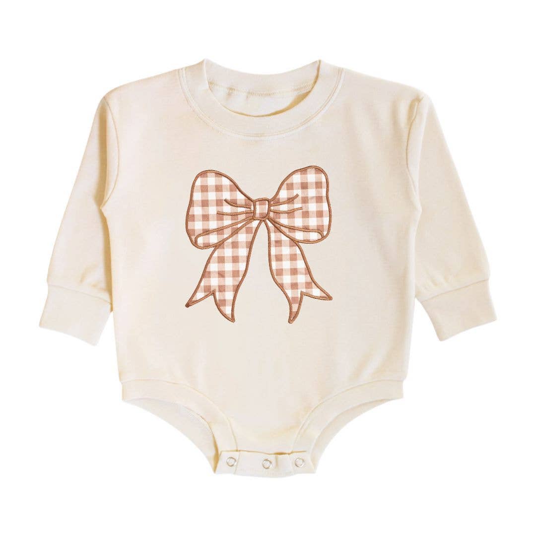 Gingham Bow Patch Long Sleeve Romper