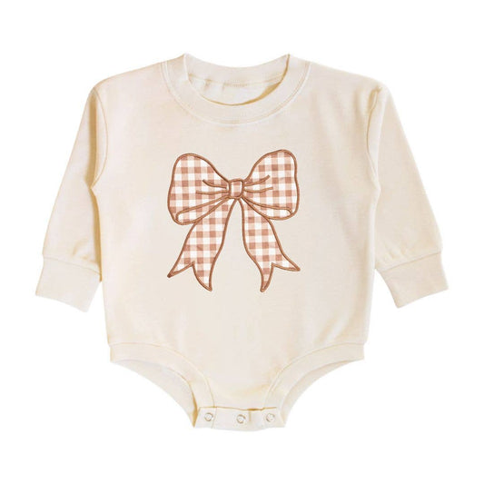 Gingham Bow Patch Long Sleeve Romper