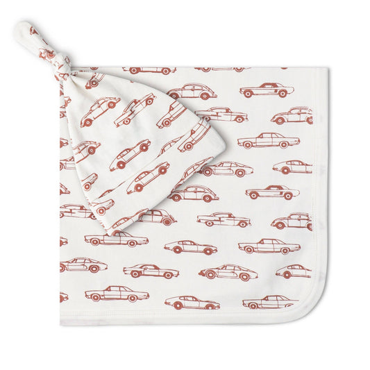 Organic Swaddle Blanket & Hat Set - Cars