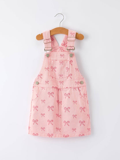 Pink Bow Denim Overall Dress