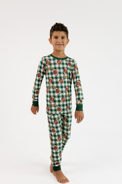 In My Jammers Game Day Gingham two piece bamboo pajama set in green football plaid, front view