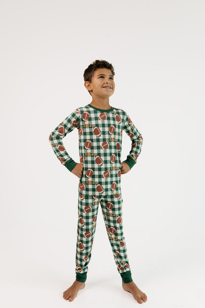 Back view of the In My Jammers Game Day Gingham two piece pajama set for kids