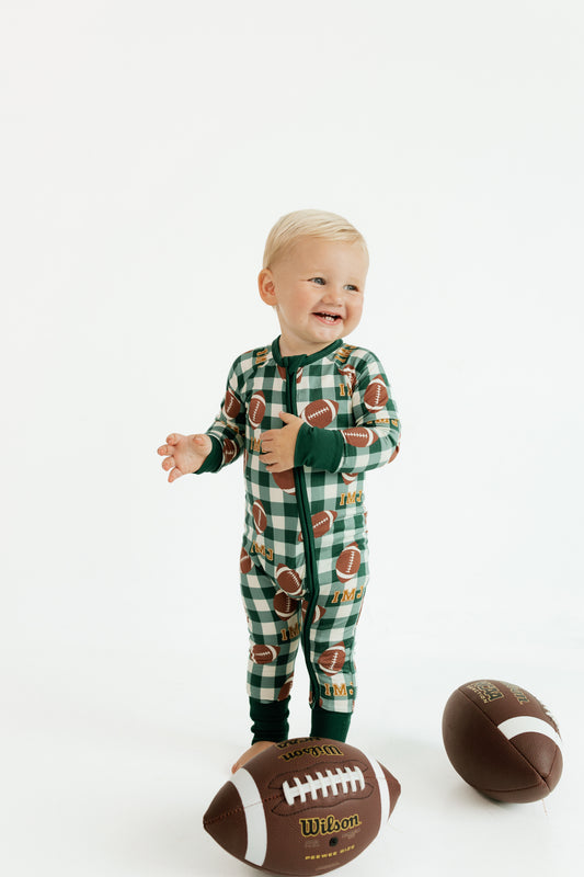 Baby wearing In My Jammers Game Day Gingham bamboo zipper romper in green football plaid