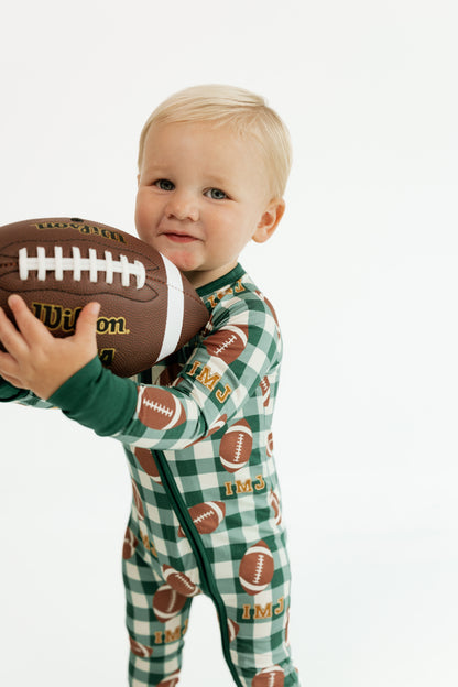 In My Jammers Game Day Gingham bamboo zipper romper in green football plaid, front view