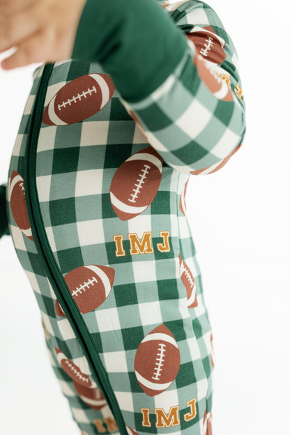 Back view of the In My Jammers Game Day Gingham zipper romper for babies