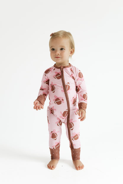 Back view of the In My Jammers Game Day Bows zipper romper for babies