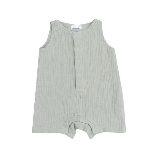 Solid Muslin Desert Green Sleeveless Shortie Romper Front 