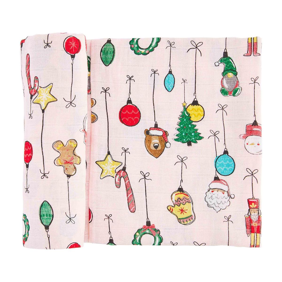 Pink Christmas Ornament Swaddle Blanket. Measuring 47" x 47", it provides ample space for swaddling, cuddling, and more. Made from 100% Cotton.