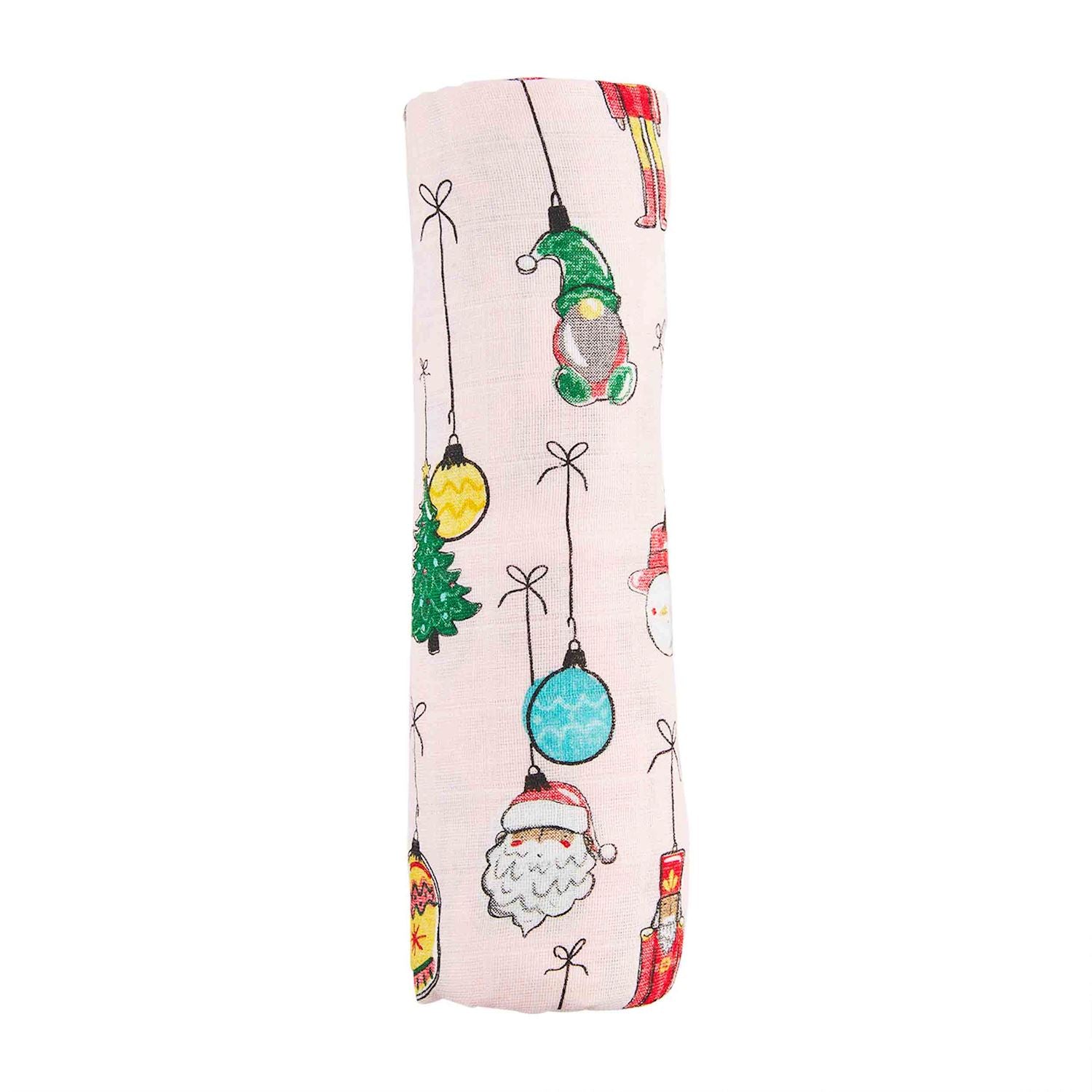 Pink Christmas Ornament Swaddle Blanket. Measuring 47" x 47", it provides ample space for swaddling, cuddling, and more. Made from 100% Cotton.