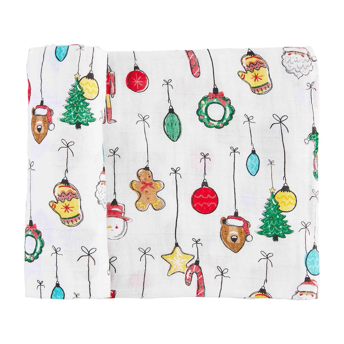 White Christmas Ornament Swaddle Blanket. Measuring 47" x 47", it provides ample space for swaddling, cuddling, and more. Made from 100% Cotton.