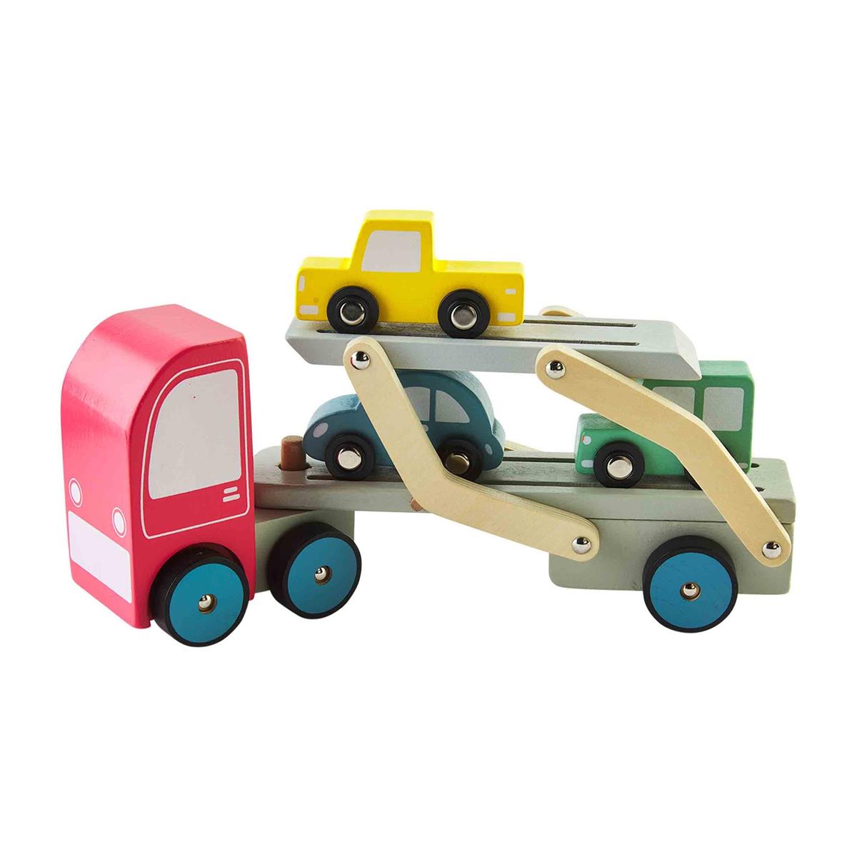 Four Piece Car Carrier Truck Toy Set. The play set comes with a large wooden carrier truck and three smaller wood cars of varying colors - yellow, green and blue. This set is intended for children ages 3 and older. The set arrives in a gift box and is made of mango wood.