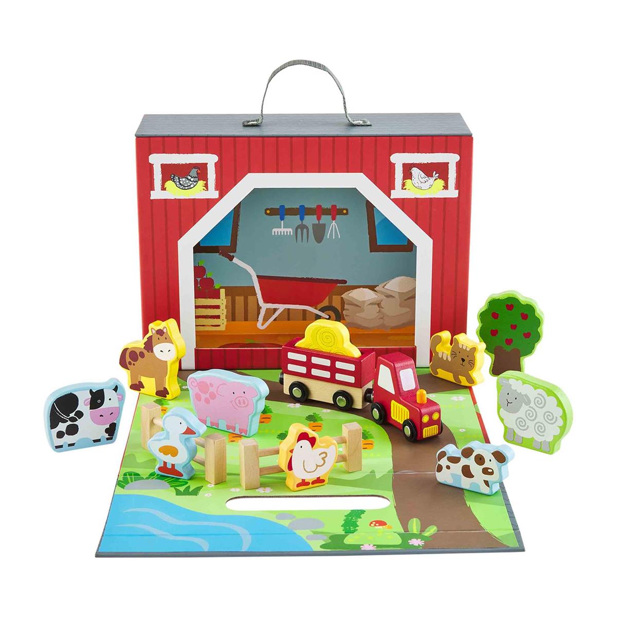 Barnyard Play Box Set. The box unfolds for playtime where you can play with a cow, pug, horse, duck, chicken, dog and so much more! Play set arrives in suitcase. Play set is made of mango wood. Set comes with 17 pieces