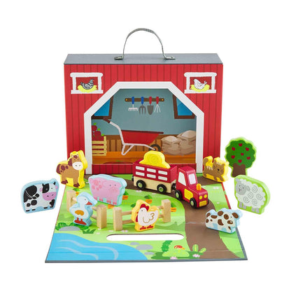 Barnyard Play Box Set. The box unfolds for playtime where you can play with a cow, pug, horse, duck, chicken, dog and so much more! Play set arrives in suitcase. Play set is made of mango wood. Set comes with 17 pieces