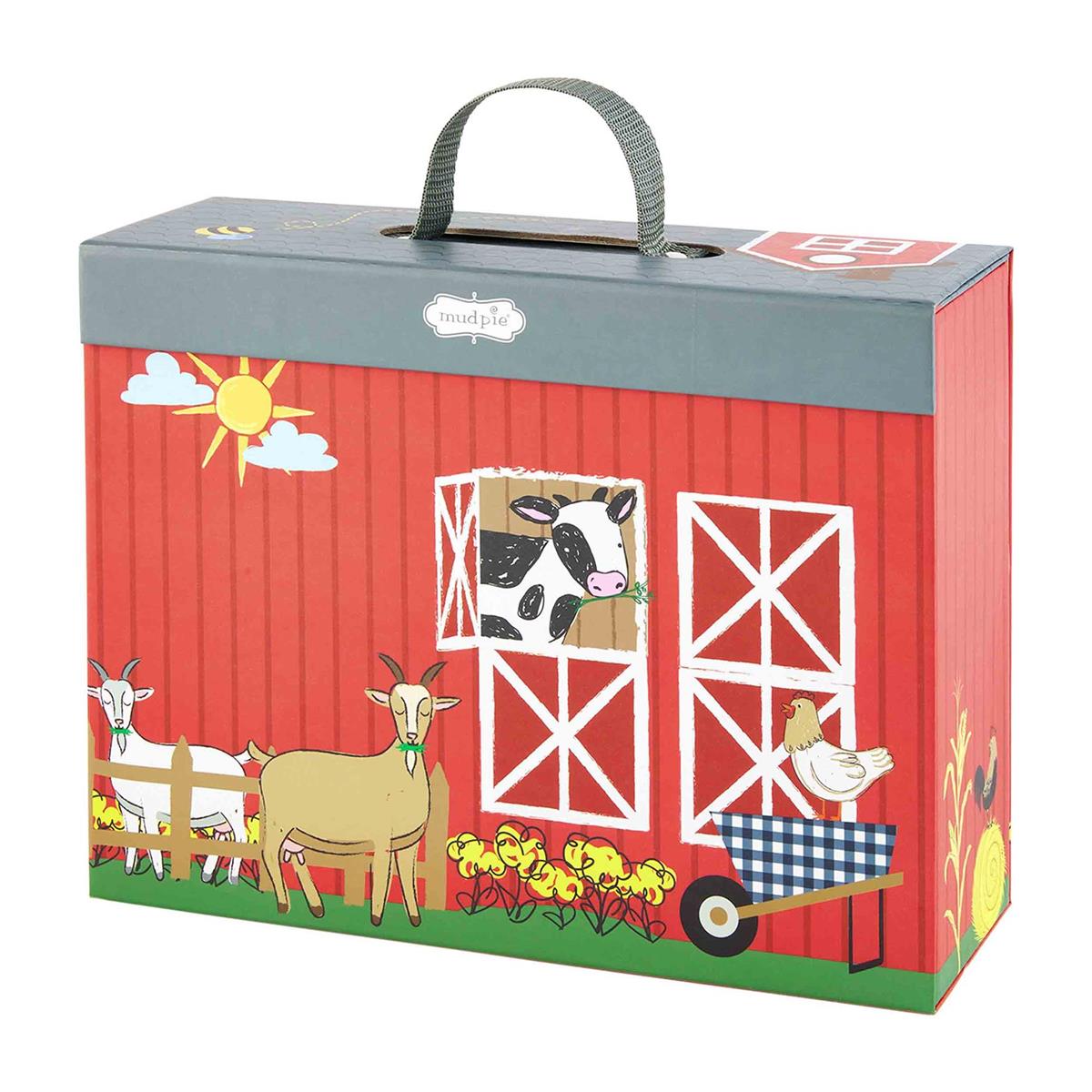 Barnyard Play Box Set folded up into suitcase. The box unfolds for playtime where you can play with a cow, pug, horse, duck, chicken, dog and so much more! Play set is made of mango wood. Set comes with 17 pieces