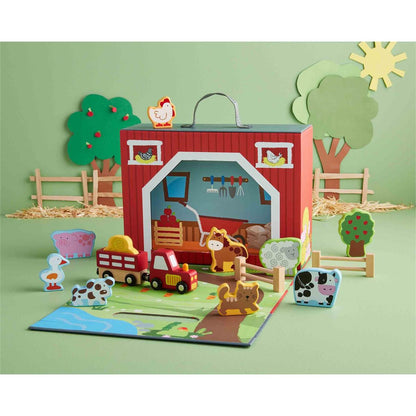 Barnyard Play Box Set. The box unfolds for playtime where you can play with a cow, pug, horse, duck, chicken, dog and so much more! Play set arrives in suitcase. Play set is made of mango wood. Set comes with 17 pieces