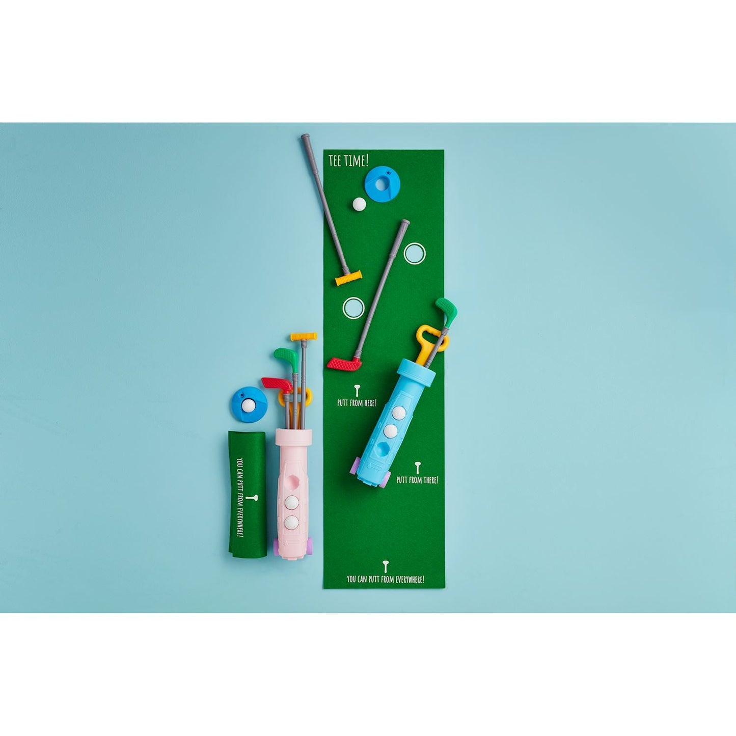 9-piece Pink and Blue golf sets. Plastic golf bag holds three clubs, three balls, one hole and flag and one felt putting green. Ages 3+