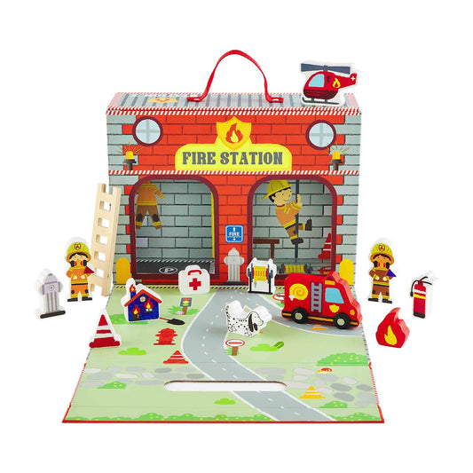 14-piece set Fire House Play set. Dimensional Cardboard fire station theater box opened up and showing 13 wooden pieces; firefighters, firetruck, fire extinguisher, dog, and more. Ages 3+