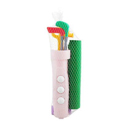 9-piece Pink golf set. Plastic golf bag holds three clubs, three balls, one hole and flag and one felt putting green. Ages 3+