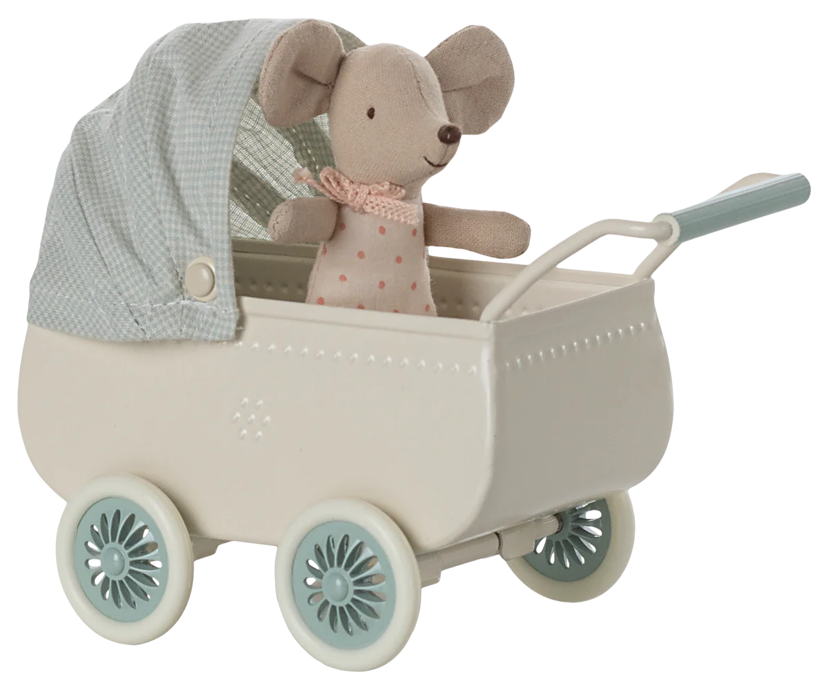 PREORDER - Pram with baby mouse - Mint