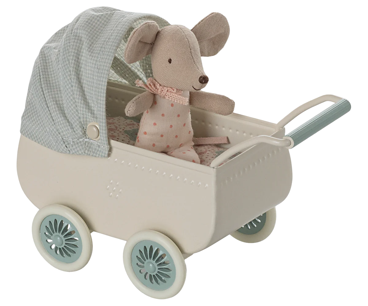 PREORDER - Pram with baby mouse - Mint